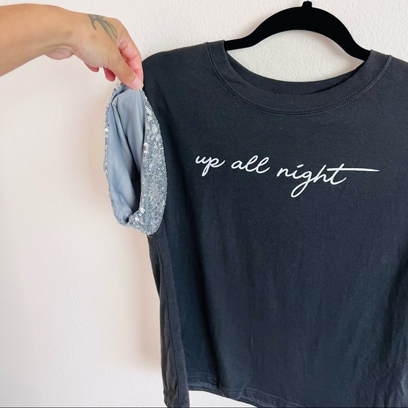 NWT Black Up All Night Silver Sequin Embellished Sleeve Graphic Tee T-Shirt - Picture 3 of 5